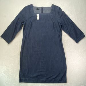 Talbots Shift Dress Womens 14 Chambray Cotton Denim Square Neck 3/4‎ Sleeve New